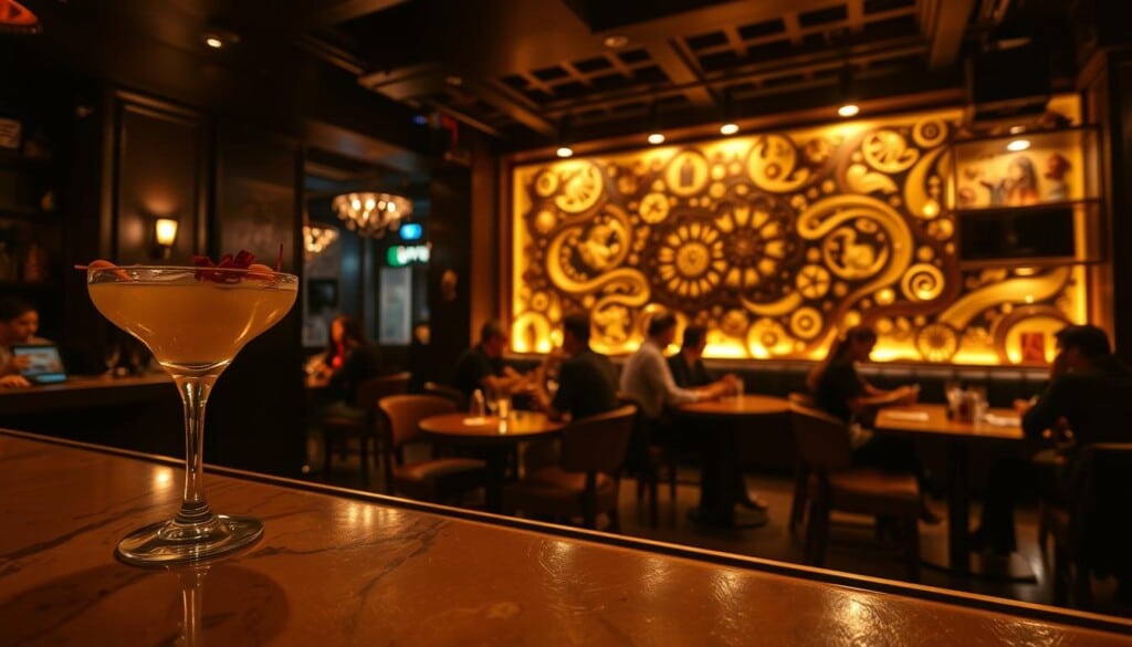 A dimly lit, intimate cocktail bar with a unique theme and captivating ambiance. In the foreground, a crafted cocktail adorned with garnishes, resting on a sleek, glossy bar counter. In the middle ground, patrons sit at cozy, low-lit tables, engaged in lively conversation. The background features a focal wall adorned with intricate, thematic decor, casting a warm, inviting glow throughout the space. The lighting is a blend of soft, ambient illumination and strategically placed spotlights, creating a moody, atmospheric setting. The camera angle captures the bar from an elevated, three-quarter perspective, allowing the viewer to fully immerse themselves in the unique, immersive cocktail experience.