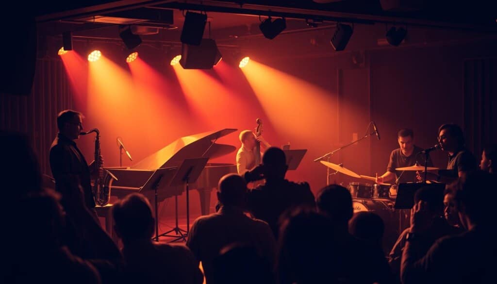 A dimly lit jazz club, the stage bathed in warm, hazy lighting. On stage, a quartet of skilled musicians - a saxophonist, a pianist, a bassist, and a drummer - immersed in a lively, improvisational performance. The audience, a mix of sophisticates and enthusiasts, sways and taps their feet to the infectious rhythm. The room is filled with the rich, soulful sound of jazz, the air thick with the energy of the live performance. Shadows dance across the walls, adding to the intimate, atmospheric vibe. The scene captures the essence of the live jazz experience - a captivating, visceral encounter with the heart and soul of this timeless musical genre.