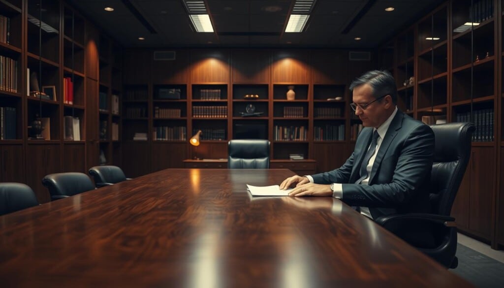 A dimly lit modern office interior, with a large wooden desk in the foreground. An attorney in a sharp suit sits at the desk, working intently on documents. Bookshelves and cabinets line the walls, exuding an atmosphere of professionalism and expertise. Subtle lighting casts warm tones, creating a contemplative mood. The scene conveys the dedication and attention to detail associated with high-quality tax attorney services.