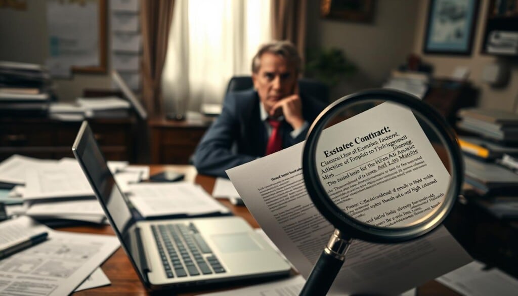 A dimly lit office, papers and documents scattered across a cluttered oak desk. A laptop open, displaying legal templates and forms. In the foreground, a magnifying glass hovers over a contract, highlighting a crucial overlooked detail. In the middle ground, a confused-looking individual sits, brow furrowed, as they try to navigate the complex web of estate planning. The background is hazy, conveying a sense of uncertainty and unease. The lighting is soft, creating shadows that hint at the gravity of the situation. The overall atmosphere evokes a feeling of missed opportunities and the need for professional guidance.