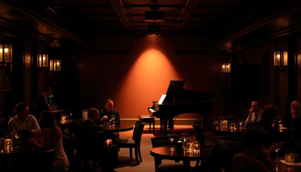 A dimly lit piano bar, with a grand piano taking center stage under a warm spotlight. Patrons seated at cozy tables, enjoying craft cocktails and lively conversation as a talented pianist performs jazz standards. Soft, ambient lighting casts a mellow glow, creating an intimate, sophisticated atmosphere. The bartender mixes drinks with precision, while servers move gracefully among the tables. The space is elegant yet relaxed, inviting guests to host their own events and celebrate special occasions in this stylish, musical setting.