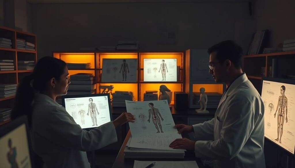 A dimly lit research laboratory, with scientists in white coats carefully examining intricate acupuncture needle diagrams and charts. The warm glow of computer screens illuminate the scene, casting soft shadows across the workspace. Anatomical models and reference books are neatly arranged, suggesting an environment dedicated to the scientific study of this ancient healing practice. The atmosphere is one of focus and quiet contemplation, as the researchers delve into the mysteries of how acupuncture channels energy and affects the body's natural processes.