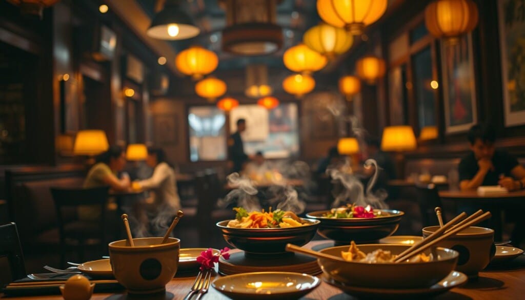 A dimly lit restaurant interior, bathed in warm, golden hues. In the foreground, a table setting with authentic Asian dinnerware, chopsticks, and delicate floral accents. The middle ground features a display of traditional Asian cuisine, with steaming dishes, fresh ingredients, and vibrant colors. In the background, a blurred view of other diners enjoying their meals, creating a sense of an immersive, communal dining experience. The atmosphere is cozy, inviting, and imbued with a palpable sense of cultural authenticity, as if transporting the viewer to the heart of an Asian culinary destination. High-quality, cinematic lighting and a shallow depth of field enhance the moody, intimate ambiance.