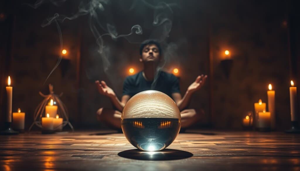A dimly lit room, illuminated by the soft glow of scented candles. In the foreground, a person sits cross-legged, eyes closed, palms facing upwards in a meditative pose. Wispy tendrils of incense drift through the air, creating an aura of mysticism. In the middle ground, a crystal ball rests on a polished wooden table, its surface reflecting the flickering candlelight. The background is shrouded in a hazy, ethereal ambiance, hinting at the unseen forces at work. The overall scene evokes a sense of introspection, clarity, and the power of the subconscious to unlock hidden insights.
