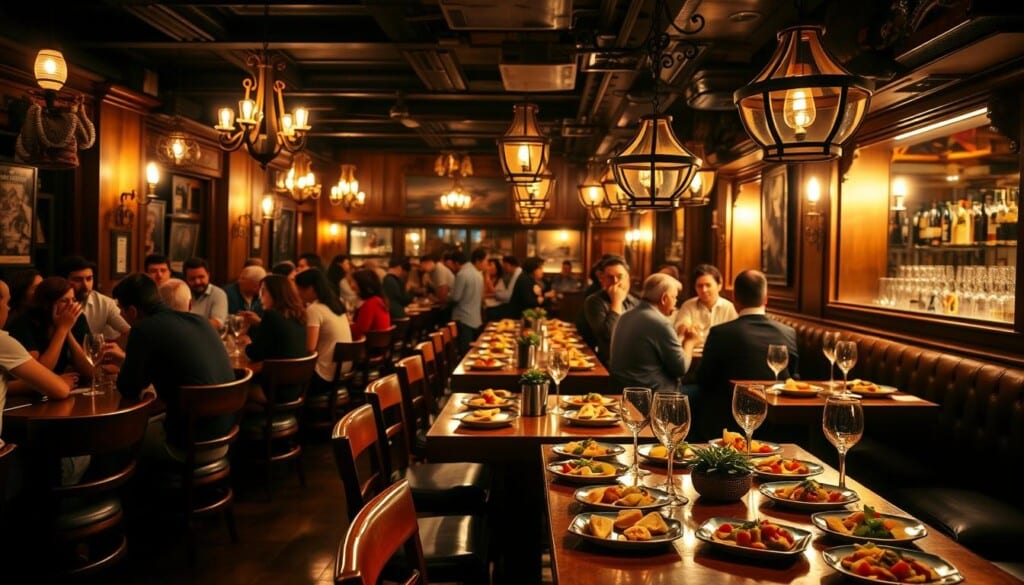 A dimly lit tapas bar, illuminated by warm, golden lighting filtering through wrought-iron chandeliers. Wooden tables and chairs line the intimate space, adorned with small plates of Spanish delicacies. In the background, a lively crowd engaged in animated conversation, creating a lively, convivial atmosphere. Vibrant, colorful tapas dishes sit atop the tables, their aromas mingling with the sounds of clinking glasses and laughter. A sense of shared experience and cultural immersion permeates the scene, inviting the viewer to step into the heart of an authentic Spanish tapas experience.