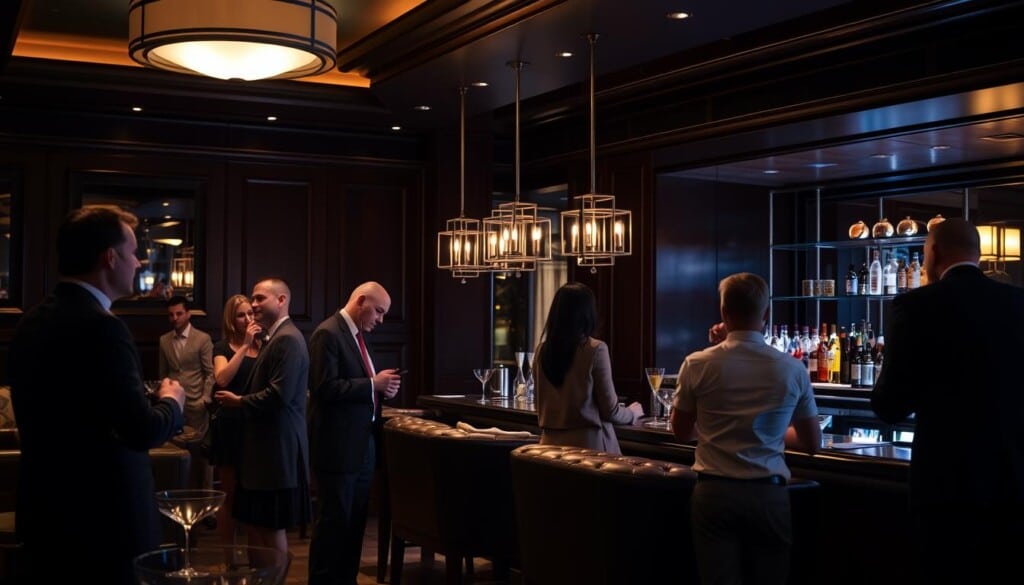 A dimly lit, upscale lounge with a sophisticated ambiance. In the foreground, a group of well-dressed patrons engaged in polite conversation, maintaining proper posture and restraint. The middle ground showcases a sleek, polished bar where a bartender meticulously crafts cocktails. In the background, plush leather seating and elegant décor create a sense of exclusivity. Soft, warm lighting casts a flattering glow, complementing the refined, understated aesthetic. The overall scene conveys an air of elegance, where guests adhere to the unwritten rules of lounge etiquette with poise and discretion.