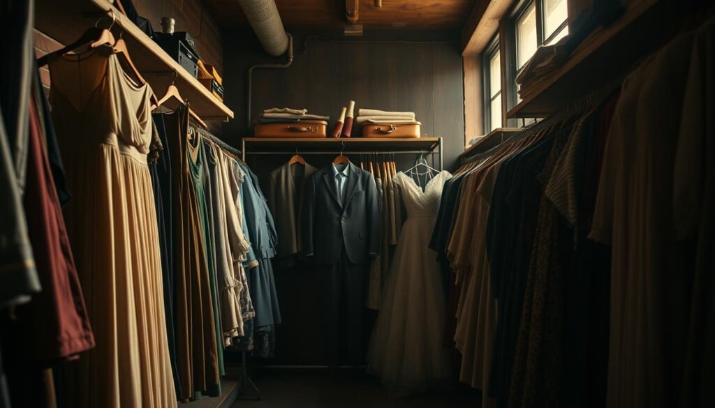 A dimly lit vintage clothing store, the air heavy with the scent of bygone eras. On the worn wooden shelves, a carefully curated collection of treasures from the past - a flowing 1970s maxi dress, a tailored 1940s suit, a delicate 1950s cocktail gown. Soft, natural lighting filters through the dusty windows, casting a warm, nostalgic glow over the scene. The camera captures the scene from a low angle, emphasizing the timeless allure of these unique, one-of-a-kind finds. The overall atmosphere evokes a sense of wonder and discovery, perfectly encapsulating the thrill of uncovering vintage fashion gems at a local thrift store.