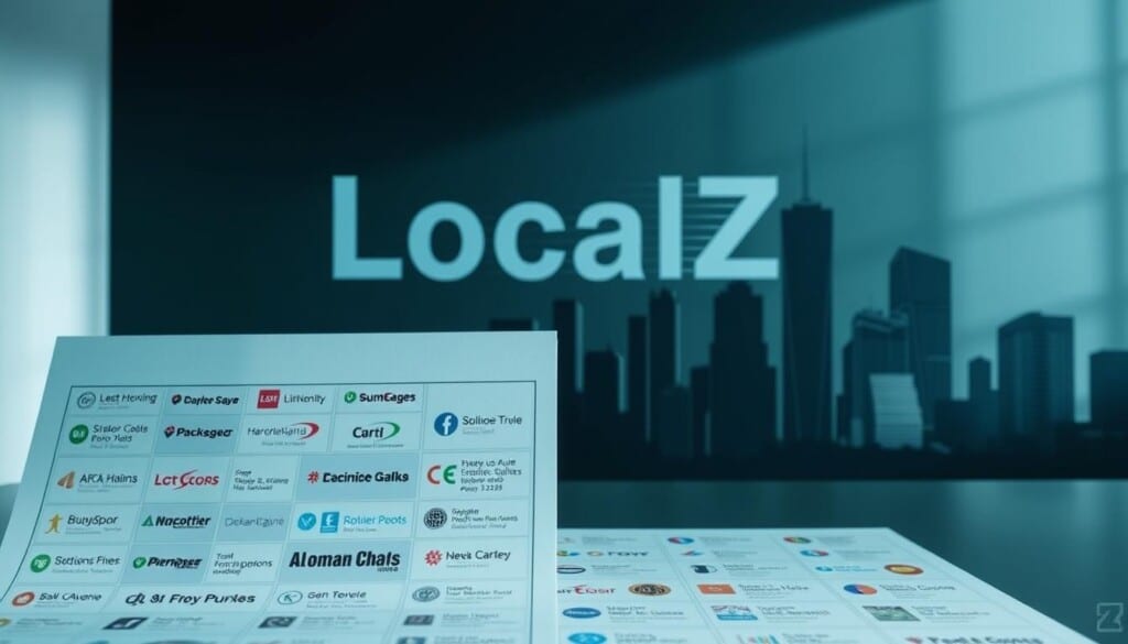 A directory of professional movers, LocalZ, showcased in a modern and sleek design. In the foreground, a clean minimalist layout with grid-like arrangement of business logos and contact information. In the middle ground, a backdrop of city skyline silhouettes, conveying a sense of urban relocation. The lighting is soft and directional, creating subtle shadows and highlights that lend depth and dimensionality to the scene. The overall mood is one of efficiency, reliability, and trust - qualities essential for a dependable moving service.