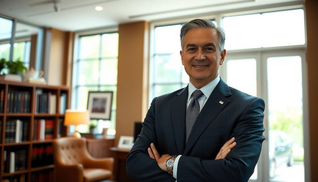 A distinguished-looking social security disability attorney stands confidently in a modern, well-appointed law office. Dressed in a sharp, tailored suit, the attorney exudes professionalism and expertise. The office features floor-to-ceiling windows that flood the space with natural light, creating a warm and inviting atmosphere. Bookshelves line the walls, hinting at the attorney's extensive legal knowledge. The attorney's expression conveys a sense of empathy and dedication, suggesting a deep commitment to helping clients navigate the complexities of the social security disability system. The scene is captured from a slightly elevated angle, emphasizing the attorney's authoritative presence and the importance of their role.