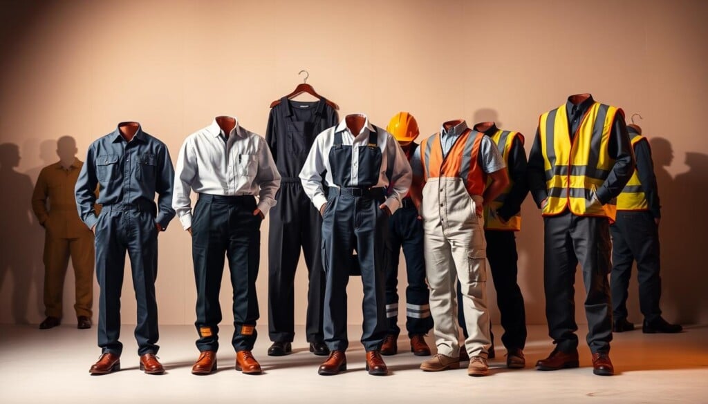A diverse array of industry-specific uniforms positioned in a well-lit studio setting. In the foreground, crisp button-down shirts, tailored pants, and sturdy work boots stand out against a neutral backdrop. In the middle ground, a neatly folded apron, hard hat, and high-visibility vest suggest a range of occupations. The background features shadowy silhouettes of other work attire, hinting at the breadth of professional garments. Warm, directional lighting casts subtle shadows, accentuating the textures and details of the uniforms. The overall mood is one of order, practicality, and a sense of pride in one's work.