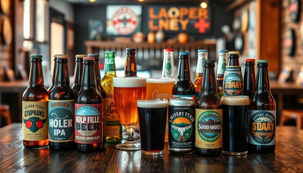 A diverse assortment of craft beers arranged on a rustic wooden table, illuminated by warm, natural lighting. The bottles and cans feature a range of vibrant labels and designs, showcasing the creativity and variety of the craft beer industry. In the foreground, several beers are open, revealing the rich hues and textures of the different styles, from hoppy IPAs to malty stouts. The middle ground features a selection of glassware, complementing the beer selection. In the background, a blurred, cozy taproom setting hints at the experience of discovering and enjoying these unique, artisanal brews.