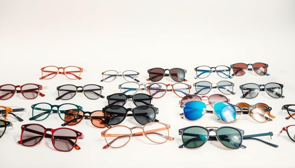 A diverse collection of premium eyewear styles, beautifully arranged against a soft, minimalist backdrop. In the foreground, a range of sleek, geometric frames in bold colors and intricate designs catch the light, creating a mesmerizing visual display. The middle ground features a mix of classic, aviator-inspired shapes and modern, oversized silhouettes, showcasing the breadth of contemporary eyewear trends. Subtle shadows and gentle highlights accentuate the interplay of materials, from shiny metal to matte acetate. The background maintains a serene, clean palette, allowing the eyewear to take center stage and captivate the viewer's attention.
