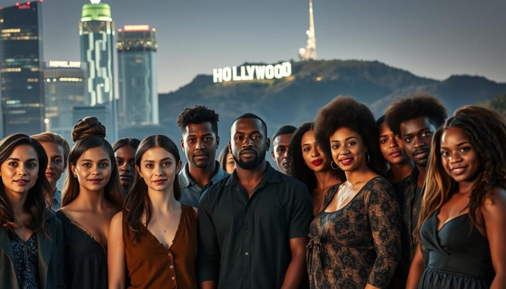 A diverse ensemble of up-and-coming actors stand against a backdrop of glittering skyscrapers, their faces illuminated by soft, cinematic lighting. In the foreground, a group of young, vibrant performers exude confidence and poise, representing the next generation of Hollywood talent. The middle ground features individuals from various ethnic and cultural backgrounds, each with a unique presence and style. In the distance, the iconic Hollywood sign looms, symbolizing the dreams and aspirations that draw these newcomers to the city. The overall atmosphere conveys a sense of excitement, possibility, and the anticipation of fresh, captivating performances to come.