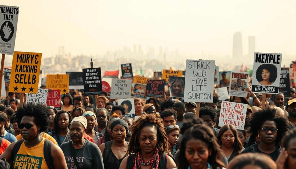 A diverse gathering of civil rights activists and organizations, their voices united in a powerful chorus for equality and justice. In the foreground, figures march with steadfast determination, their signs and banners emblazoned with slogans championing the cause. In the middle ground, a mosaic of faces and expressions, each reflecting the shared struggle for human rights. The background fades into a hazy cityscape, suggesting the far-reaching impact of these movements. Warm, diffused lighting casts an air of resolve and resilience, while a wide-angle lens captures the collective energy and momentum of this vital campaign.