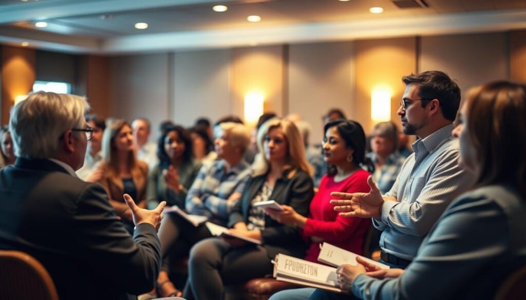 A diverse group of community leaders and subject matter experts gathered in a cozy conference room, illuminated by warm, soft lighting. In the foreground, a panel discussion is underway, with the speakers gesturing animatedly and engaging the audience. In the middle ground, attendees lean forward, notebooks in hand, intently listening and taking notes. The background blurs gently, conveying a sense of focus and concentration. The atmosphere is one of thoughtful collaboration, with an air of quiet determination to make a positive impact on the local community.
