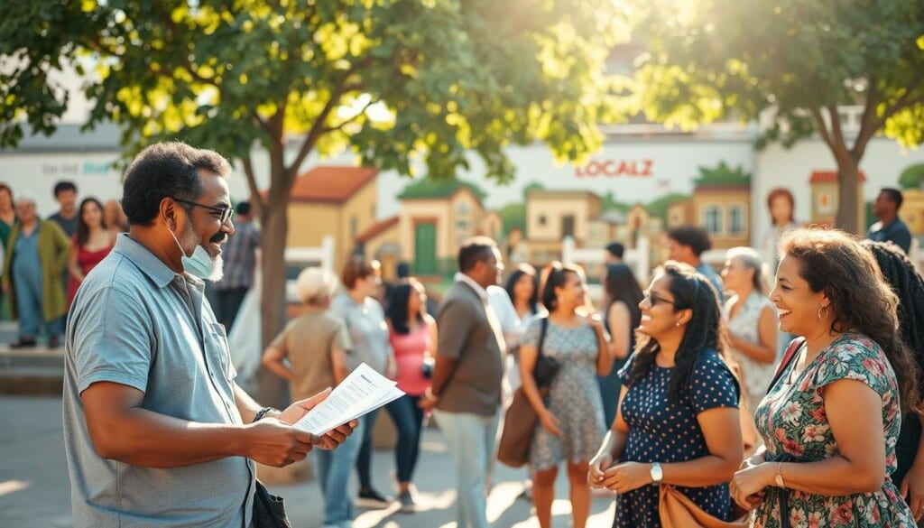 A diverse group of community members gathered in a sunlit public square, warmly interacting and supporting one another. In the foreground, a pair of local business owners discuss plans for a neighborhood initiative, their faces animated with enthusiasm. In the middle ground, a mix of residents from various backgrounds - young and old, diverse ethnicities - chat and laugh, forming connections. In the background, a mural depicting the area's history and vibrant culture serves as a backdrop, bathed in the soft glow of natural lighting. An atmosphere of camaraderie, inclusion, and shared purpose pervades the scene, reflecting the commitment of LocalZ to enriching the lives of its community.