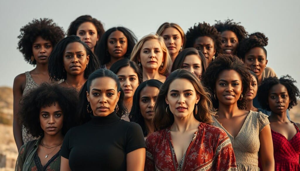 A diverse group of dynamic, powerful female actors standing tall, their expressions radiating confidence and determination. They are the trailblazers, the visionaries, the pioneers - shaping the future of cinema with their captivating performances and unapologetic voices. In the foreground, their faces are illuminated by soft, warm lighting, capturing the depth and nuance of their emotions. The middle ground features them in various poses, showcasing their versatility and range as artists. The background is a muted, cinematic setting, hinting at the grand stage on which they command the screen. This scene exudes a sense of momentum, progress, and the collective impact these women are making on the industry and beyond.