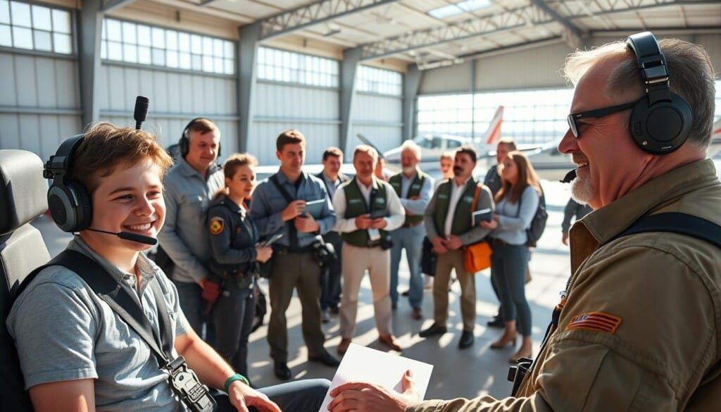 A diverse group of enthusiastic pilots, both seasoned and novice, gathered in a bright and airy flight school hangar. Sunlight streams through the large windows, casting a warm glow on the scene. In the foreground, a young student pilot smiles with pride as an experienced instructor reviews their progress on a flight simulator. In the middle ground, a cluster of pilots engages in animated discussions, sharing stories of their thrilling flights and hard-won successes. The background reveals state-of-the-art training aircraft, meticulously maintained and ready for the next lesson. The atmosphere is one of camaraderie, learning, and the shared passion for the freedom of flight.