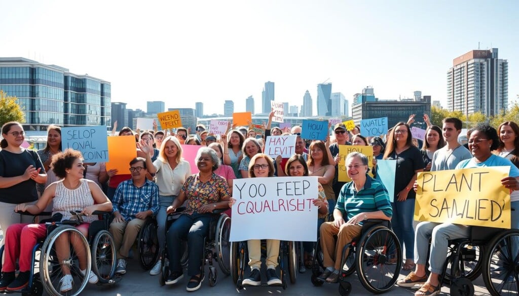 A diverse group of individuals with various physical and cognitive disabilities standing together, united in their advocacy for accessibility, equal rights, and social inclusion. They are gathered in a sunlit outdoor setting, with a mix of wheelchairs, canes, and assistive devices visible. In the foreground, a group of activists holding colorful banners and placards, their expressions determined and passionate. In the middle ground, a crowd of supporters cheering and applauding, creating a sense of community and solidarity. In the background, a cityscape with modern buildings and a clear blue sky, symbolizing the progress and change they strive for. The lighting is warm and natural, casting a hopeful glow over the scene. The overall atmosphere conveys a powerful, inspirational, and uplifting message of disability rights and empowerment.