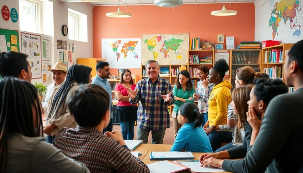 A diverse group of people engaged in community language programs, with a welcoming and inclusive atmosphere. In the foreground, students of various ages and backgrounds participate in interactive lessons, surrounded by vibrant, colorful walls adorned with educational posters and artwork. In the middle ground, an instructor gestures animatedly, guiding the class through a lively discussion. The background features a bright, natural-lit space, filled with bookshelves, language learning resources, and a prominent world map, conveying a sense of global interconnectedness. The overall scene evokes a warm, collaborative environment where language learning thrives through hands-on activities and cultural exchange.