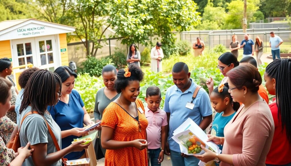 A diverse group of people engaging in various community health initiatives, set against a bright, vibrant backdrop. In the foreground, a group of volunteers distribute healthy snacks and educational materials to a mix of adults and children. In the middle ground, a local health clinic offers free wellness checkups, while a community garden thrives in the background, tended to by residents of all ages. Soft, natural lighting illuminates the scene, capturing the warmth and energy of this inclusive, community-driven effort to promote well-being.