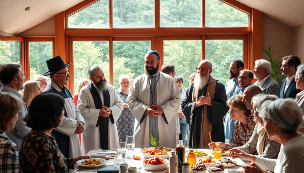 A diverse group of people from different faiths, gathered in a warm, inviting community center. At the forefront, a rabbi, an imam, and a priest stand side by side, their hands clasped in a gesture of unity. Around them, people of various ages and ethnicities converse, share a meal, and engage in lively discussions. The space is filled with natural light, flooding through large windows that offer a view of a lush, verdant garden outside. The overall atmosphere conveys a sense of harmony, understanding, and the power of coming together to build a stronger, more inclusive community.