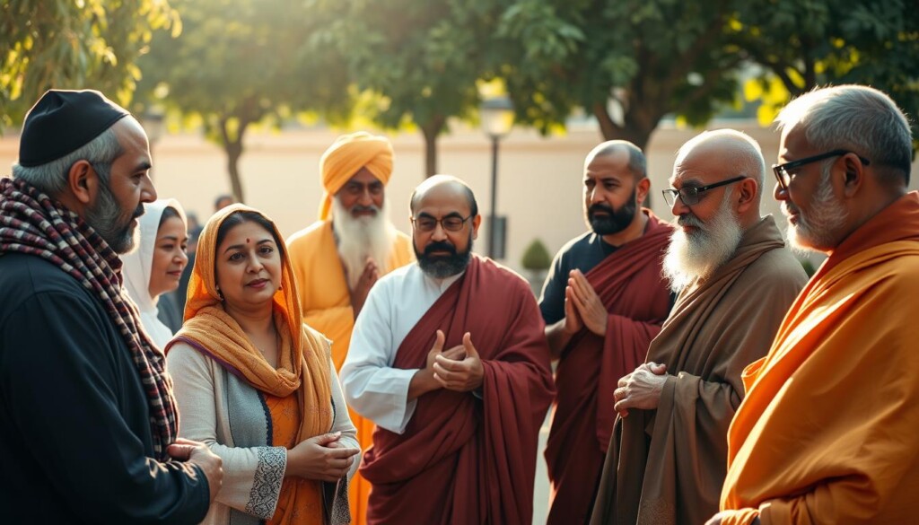 A diverse group of people from different faiths, standing together in a warm, sun-dappled public space. In the foreground, a Muslim woman, a Jewish man, and a Christian woman exchange ideas, their faces lit by a soft, golden glow. In the middle ground, a Hindu priest and a Buddhist monk discuss in animated gestures, while behind them, a Sikh elder and a Taoist practitioner observe the scene with peaceful expressions. The atmosphere is one of respectful dialogue, understanding, and a shared commitment to promoting unity and collaboration across religious boundaries.