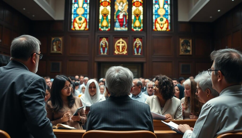 A diverse group of people representing different religious faiths gathered in a modern, well-lit courthouse. In the foreground, a panel of legal experts and religious leaders discuss complex issues like religious freedom, property disputes, and child welfare. In the middle ground, attendees listen intently, taking notes. The background depicts stained glass windows, symbolizing the intersection of law and spirituality. Soft, indirect lighting creates a contemplative atmosphere, while the camera angle suggests an impartial, documentary-style perspective.