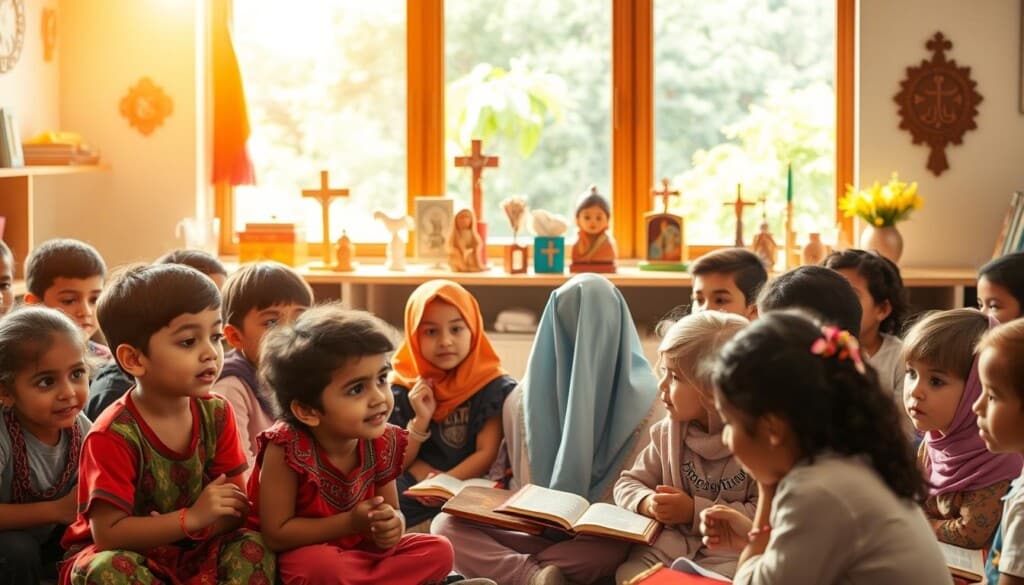 A diverse group of students, representing various faiths, gathered in a vibrant classroom setting. Warm, natural lighting bathes the scene, creating a welcoming atmosphere. In the foreground, children of different ethnicities sit together, engaged in interactive religious discussions, their expressions reflecting curiosity and understanding. The middle ground showcases colorful religious symbols and artifacts, symbolizing the rich tapestry of beliefs. In the background, a large window offers a glimpse of a lush, verdant outdoor landscape, suggesting the interconnectedness of spiritual and worldly experiences. The overall mood is one of harmony, inclusivity, and the celebration of religious diversity within an educational context.