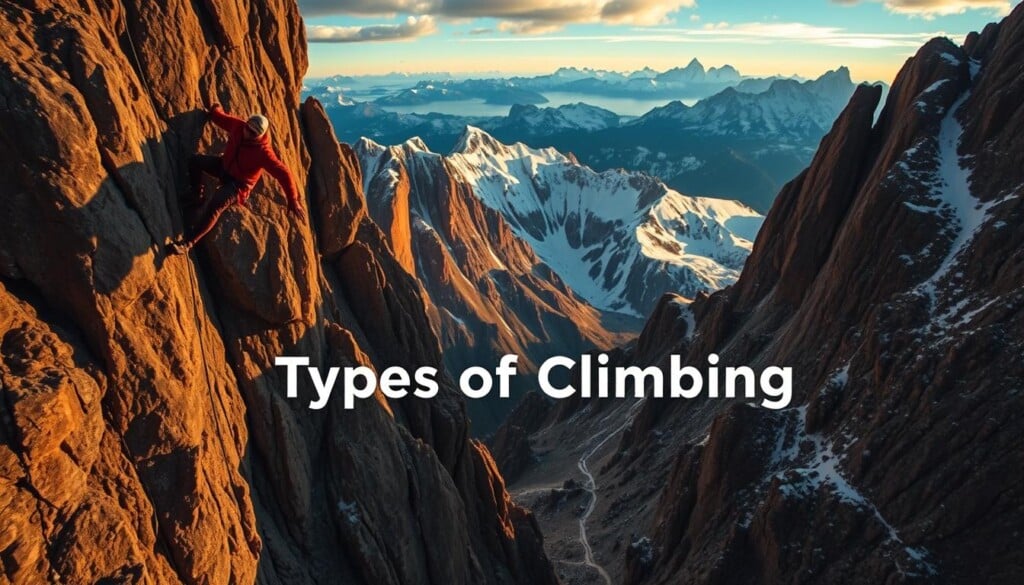 A dramatic aerial view of a rugged, mountainous landscape. In the foreground, a skilled climber scales a towering rock face, their limbs firmly gripping the craggy surface. The middle ground showcases a variety of climbing disciplines, from bouldering on massive granite blocks to traversing a steep, winding trail. In the distant background, snow-capped peaks pierce the sky, their icy summits reflecting the warm, golden light of the setting sun. The scene exudes a sense of adventure, challenge, and the raw power of nature, perfectly capturing the essence of the "Types of Climbing" section.