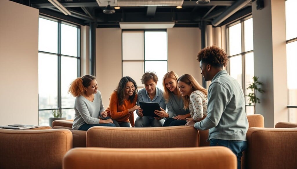 A dynamic classroom setting with adults of diverse backgrounds engaged in collaborative learning. The foreground features a group of students huddled around a tablet, discussing interactive content. The middle ground showcases a flexible arrangement of modular furniture, allowing for quick reconfiguration to suit different activities. The background depicts large windows overlooking an urban landscape, bathing the space in natural light. Soft, warm tones create an inviting atmosphere, conveying a sense of empowerment and intellectual curiosity. Subtle, geometric patterns on the walls and furnishings suggest a modern, tech-savvy environment tailored for adult education.