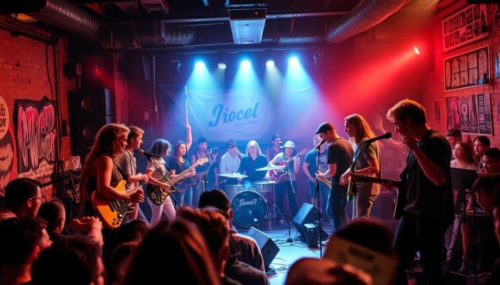 A dynamic indie music scene emerges, with a diverse ensemble of young artists taking the stage. In the foreground, a group of musicians, each with their distinct style and energy, captivate the audience with raw, emotive performances. Mid-frame, the venue's interior reflects the gritty, yet vibrant ambiance, with moody lighting and textures that set the mood. In the background, a crowd of music enthusiasts, their faces aglow with excitement, creates a palpable energy, hinting at the rising stars that are about to grace the indie music landscape.