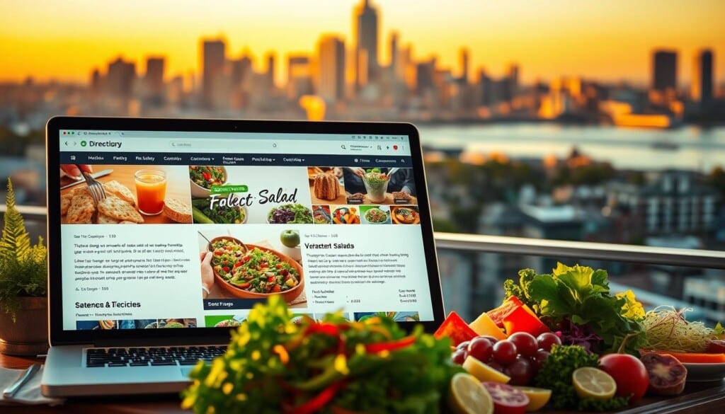 A dynamic online business directory showcasing a variety of vibrant salad stores, bathed in warm, golden light. In the foreground, a sleek, modern interface displays detailed listings, complete with vivid imagery, enticing menu options, and intuitive navigation. The middle ground features colorful salad ingredients, freshly chopped and arranged artfully, conveying the quality and freshness of the offerings. In the background, a serene city skyline provides a picturesque backdrop, emphasizing the local, community-driven nature of the directory. The overall composition exudes a sense of vitality, health, and convenience, inviting users to discover and connect with the best salad destinations in their area.