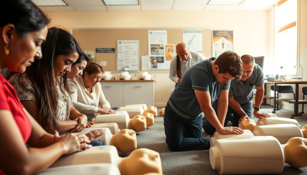 A dynamic scene of a CPR training session, captured in realistic detail. In the foreground, a group of students practice chest compressions on adult-sized CPR dummies, their faces intent with focus. Midground, an instructor oversees the session, guiding and correcting the technique. The background depicts a well-lit classroom, outfitted with medical equipment and educational posters, conveying a professional, educational atmosphere. Warm, natural lighting bathes the scene, creating a sense of warmth and engagement. The overall mood is one of hands-on learning, with a palpable sense of urgency and importance surrounding the acquisition of this life-saving skill.