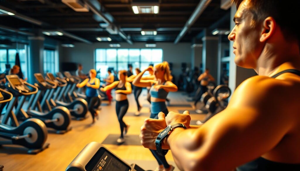 A dynamic, well-lit fitness center scene showcasing the importance of physical activity for weight loss. In the foreground, a determined individual performing a high-intensity cardio exercise, their muscles straining with effort. In the middle ground, a group of people engaged in a variety of exercises, from weight training to yoga, all with a sense of focus and determination. The background features an abundance of state-of-the-art fitness equipment, sleek and modern, creating an atmosphere of wellness and progress. The lighting is warm and natural, accentuating the energy and vitality of the scene. The overall composition conveys the message that integrating fitness into weight loss programs is crucial for achieving lasting results.