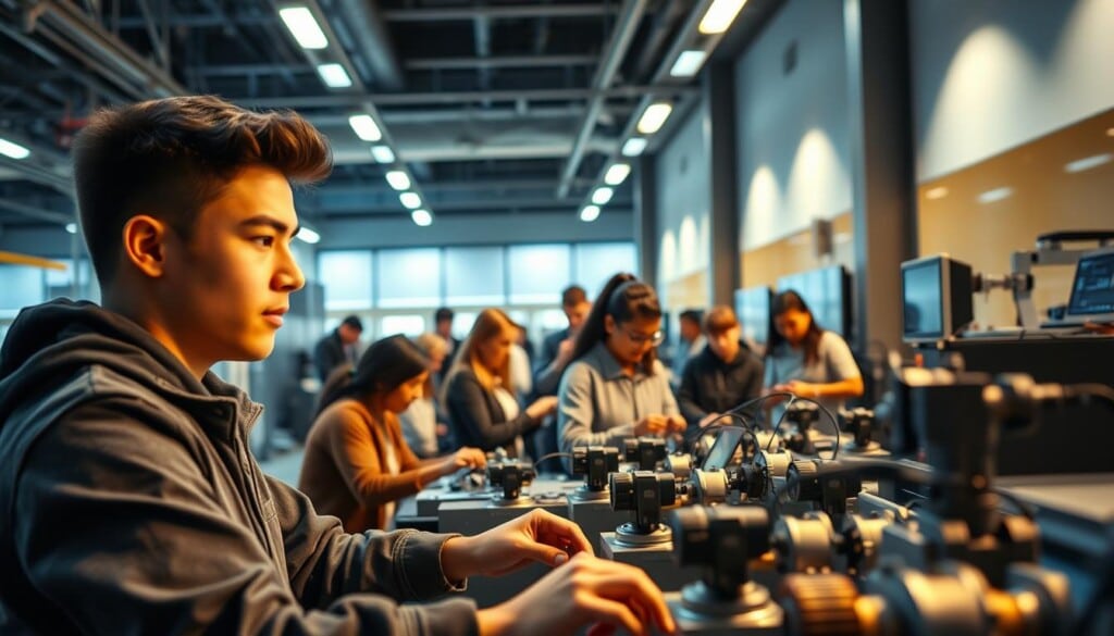 A dynamic, well-lit scene showcasing the benefits of vocational training. In the foreground, a focused young adult diligently operates modern machinery, their face illuminated by a warm glow. In the middle ground, a diverse group of learners actively engage in hands-on training activities, their expressions displaying a sense of purpose and accomplishment. The background depicts a state-of-the-art vocational facility, its sleek architecture and technologically-advanced equipment symbolizing the future-readiness of this educational path. The overall atmosphere exudes a palpable energy, conveying the empowering potential of maximizing one's vocational training experience.