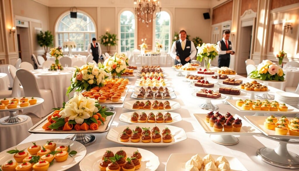 A elegant catering scene unfolds before us, captured in a warm, natural light. In the foreground, an array of delectable dishes - from artfully plated hors d'oeuvres to decadent desserts - tempt the eye. Crisp white tablecloths, polished silver, and lush floral centerpieces create an atmosphere of refined sophistication. In the middle ground, servers in smart uniforms move with practiced grace, replenishing platters and ensuring every guest is attended to. The background reveals a tastefully decorated event space, its high ceilings and expansive windows lending an airy, elegant ambiance perfect for any special occasion. This is the embodiment of exceptional catering, where quality, presentation, and attentive service come together to create an unforgettable culinary experience.