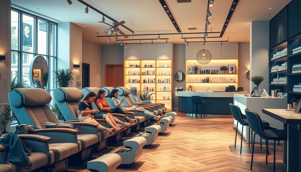 A elegant, well-lit interior of a trendy nail salon, with a mix of modern and vintage decor elements. The foreground features a row of comfortable pedicure chairs, each with a client receiving a relaxing foot treatment. In the middle ground, manicure stations are visible, where technicians carefully shape and polish nails. The background showcases a stylish reception area, with a minimalist front desk and shelves displaying an array of high-end nail care products. Soft lighting, warm tones, and a calming atmosphere create an inviting ambiance, capturing the essence of a top-rated nail salon experience.