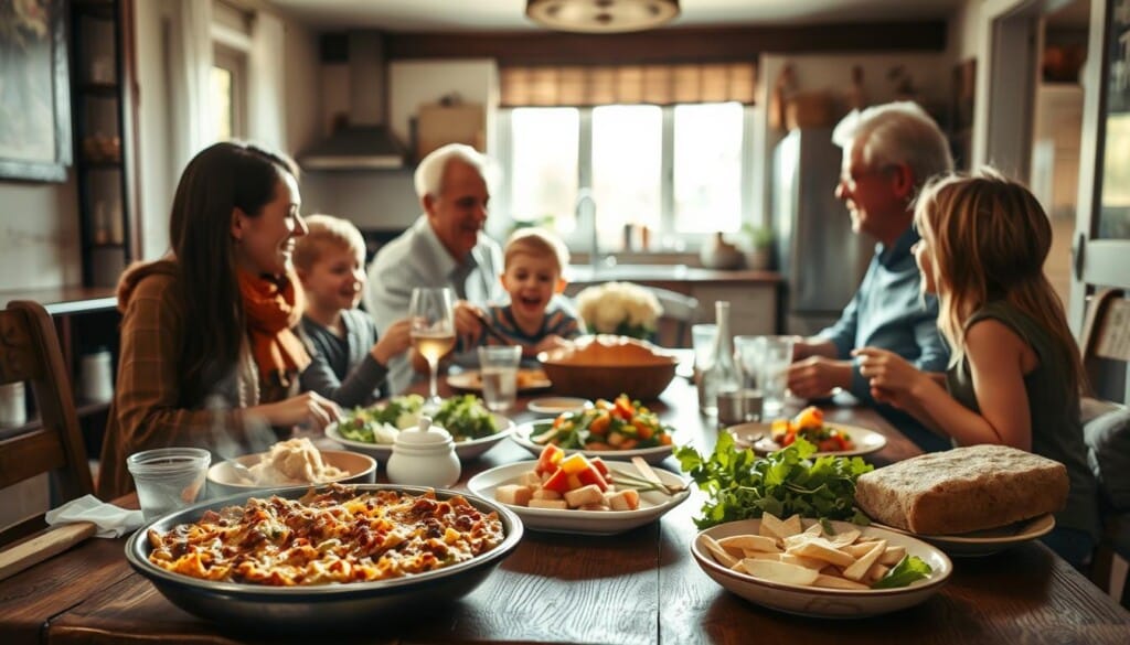 A family enjoying a warm, home-cooked meal together around a rustic wooden table. Soft natural lighting filters through a nearby window, casting a cozy glow on the scene. In the foreground, an array of delicious dishes - steaming casserole, fresh salad, and homemade bread - are laid out, inviting the family to dig in. The middle ground shows the family members - parents, children, and grandparents - engaged in lively conversation, laughter, and quality time. In the background, hints of a comfortable, lived-in kitchen create a sense of domestic bliss. The overall atmosphere exudes togetherness, gratitude, and the simple pleasures of a nourishing family meal.