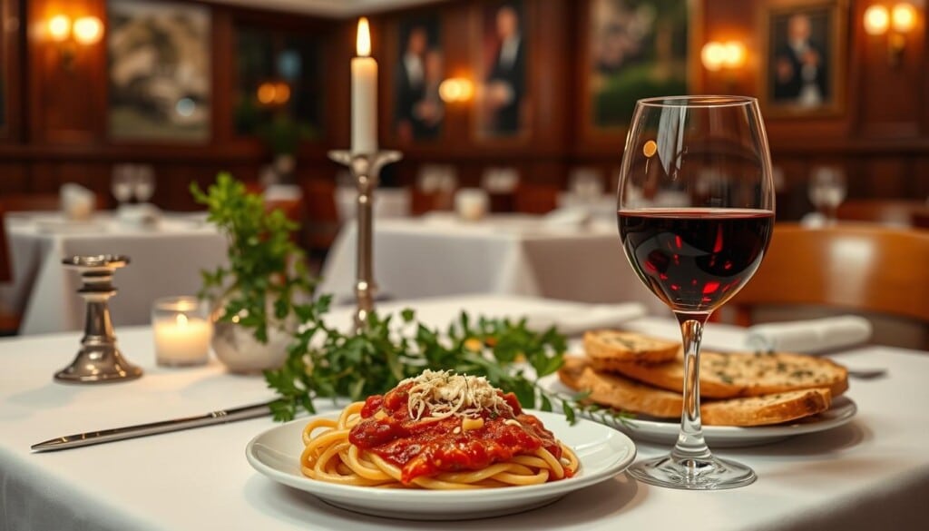 A fine dining table set with a crisp white tablecloth, adorned with a bouquet of fresh Italian herbs and a single lit pillar candle. In the foreground, an arrangement of Italian cuisine - a plate of al dente pasta with a rich tomato-based sauce, garlic-infused bruschetta, and a glass of deep red Chianti wine reflecting the warm, inviting lighting. The background shows a cozy, dimly lit Italian restaurant interior with warm wooden accents, soft ambient lighting, and hints of classic Italian decor.
