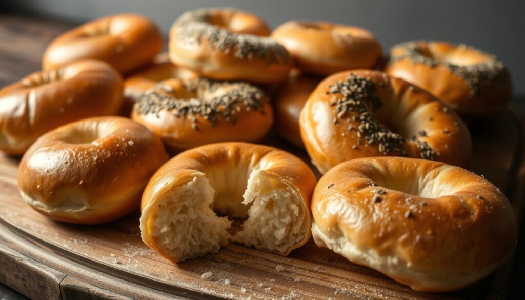 A freshly baked array of golden-brown bagels, their glossy surfaces dusted with a light coating of flour, arranged on a rustic wooden board. The lighting is soft and natural, casting subtle shadows that accentuate the delicate texture and shape of each bagel. In the foreground, a few sliced bagels reveal their fluffy interiors, inviting the viewer to imagine the satisfying chew and the aroma of freshly baked dough. The middle ground features a variety of bagel varieties, from classic plain to sesame and everything in between, each one glistening with a hint of moisture. The background is slightly blurred, creating a sense of focus and emphasis on the tantalizing display of these quintessential breakfast treats.