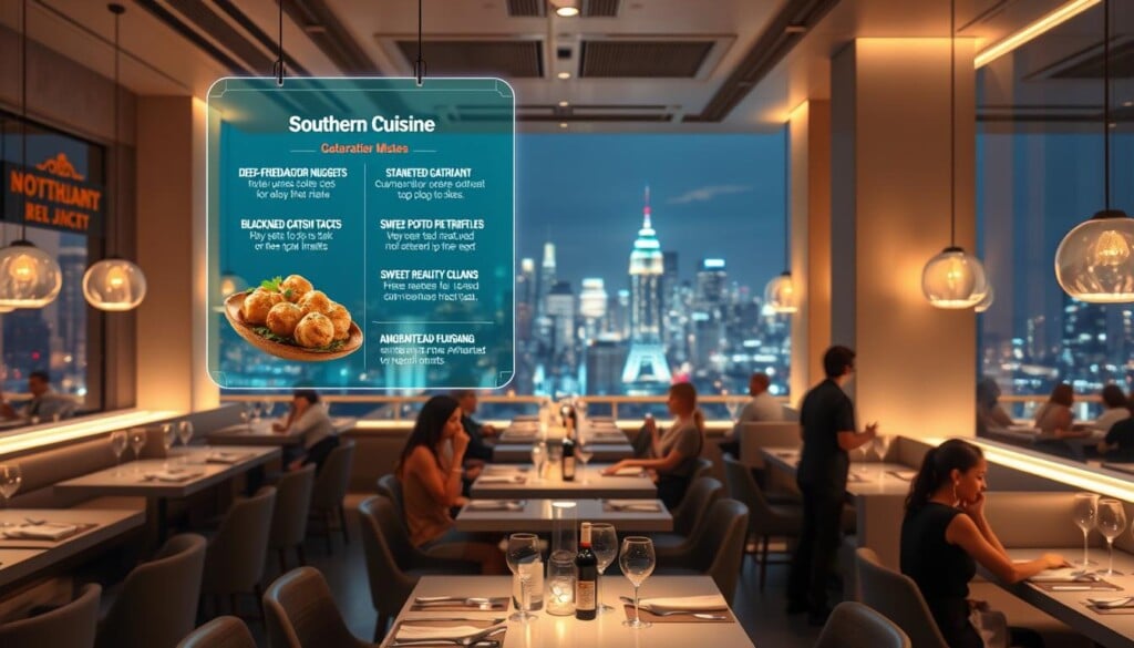 A futuristic Southern cuisine restaurant with a sleek, modern interior. In the foreground, a floating holographic menu displays innovative dishes like deep-fried gator nuggets, blackened catfish tacos, and sweet potato pie truffles. In the middle ground, patrons interact with augmented reality waiters who take orders via neural implants. The background features a panoramic view of a bustling, neon-lit city skyline, hinting at the restaurant's cutting-edge technology. Soft, ambient lighting and a minimalist color palette of grays, blues, and golds create a sophisticated, yet welcoming atmosphere. The image conveys a sense of culinary innovation and a vision for the future of traditional Southern fare.