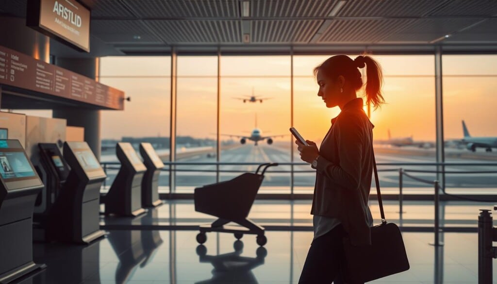 A futuristic airport terminal bathed in a warm, muted light. In the foreground, a businesswoman checks her phone while effortlessly navigating through an array of digital ticket kiosks and facial recognition scanners. In the middle ground, a sleek, autonomous luggage cart glides silently, guided by an intricate network of sensors and AI. The background reveals the panoramic view of the runway, where planes seamlessly take off and land, their movements choreographed by advanced air traffic control systems. The scene conveys a sense of efficiency, connectivity, and the seamless integration of technology into the modern travel experience.