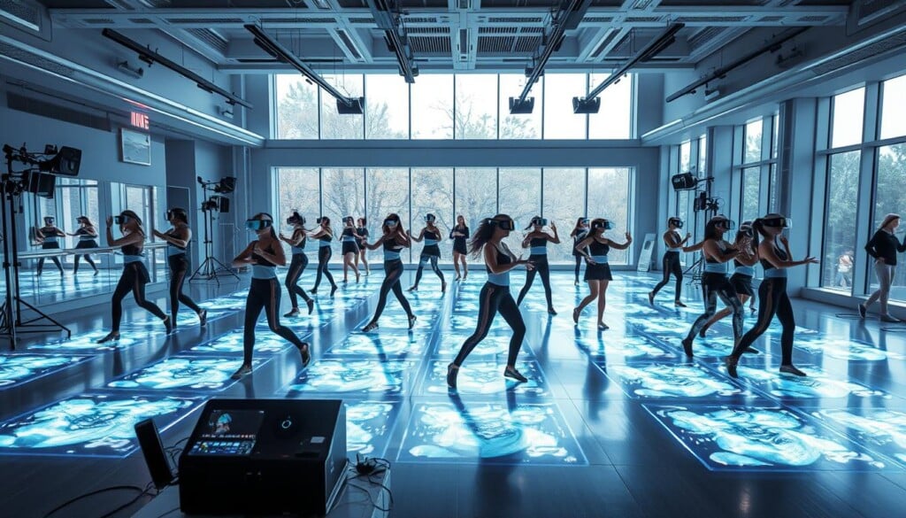 A futuristic and sleek dance studio, filled with an array of advanced technological elements. In the foreground, a group of dancers perform intricate choreography, their movements seamlessly synced with holographic projections and interactive LED floor panels. The middle ground features a mix of virtual reality headsets, motion capture cameras, and sound mixing equipment, all strategically placed to enhance the dancers' performance. The background showcases floor-to-ceiling windows, allowing natural light to flood the space and create a sense of openness and modernity. The overall atmosphere is one of innovation, creativity, and the harmonious fusion of technology and the art of dance.