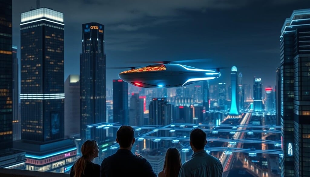 A futuristic cityscape at night, with towering skyscrapers and a sleek, streamlined pizza delivery drone hovering above the bustling streets. The drone's compact, aerodynamic design is illuminated by a cool, blue-tinted light, casting a futuristic glow on the surroundings. In the foreground, a group of people eagerly await the arrival of their piping hot pizza, their faces lit by the drone's futuristic display. The middle ground features a network of aerial delivery lanes, where multiple drones seamlessly navigate the urban landscape. The background is a panoramic view of the city, with a visually stunning, neon-infused skyline that reflects the advanced nature of this future pizza delivery system.