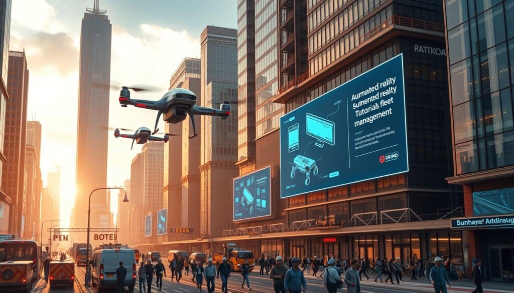 A futuristic cityscape with towering skyscrapers and gleaming glass facades, illuminated by warm, diffused lighting. In the foreground, a network of autonomous drones and robots effortlessly transporting and assembling various construction equipment. In the middle ground, holographic billboards showcase the latest innovations in rental technology, from augmented reality guided tutorials to on-demand fleet management. The background features a bustling, tech-savvy populace navigating the streets, connected to a seamless web of smart infrastructure. An atmosphere of progress, efficiency, and a glimpse into the transformative potential of the equipment rental industry.
