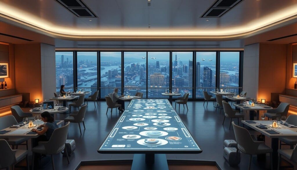 A futuristic dining hall with seamless integration of technology. A minimalist, mood-lit interior with sleek tables and hovering chairs that move in sync with diners' movements. In the center, a large interactive holographic display showcases the menu and lets customers custom-design their dishes. Servers with augmented reality visors glide between tables, providing personalized recommendations. Ambient scents and adjustable lighting set the tone for each course. Large panoramic windows offer breathtaking views of a skyline dotted with flying vehicles. An AI-powered sommelier suggests pairings for the cutting-edge molecular gastronomy creations. A serene, immersive dining experience that fuses nature, technology, and culinary innovation.