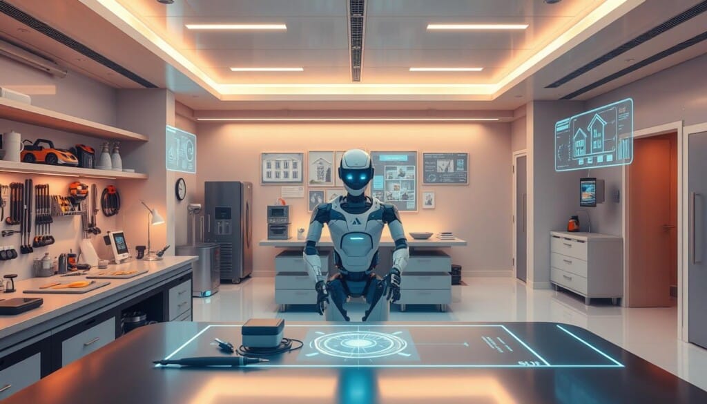 A futuristic handyman workshop in a sleek, minimalist setting. The foreground features a high-tech workbench with advanced tools and holographic displays. The middle ground showcases an autonomous robot assistant handling routine tasks with precision. In the background, smart home interfaces and AR overlays demonstrate seamless integration of handyman services into the modern household. Warm, ambient lighting creates a tranquil, efficient atmosphere. Shot with a wide-angle lens to capture the scale and scope of the future of handyman services.
