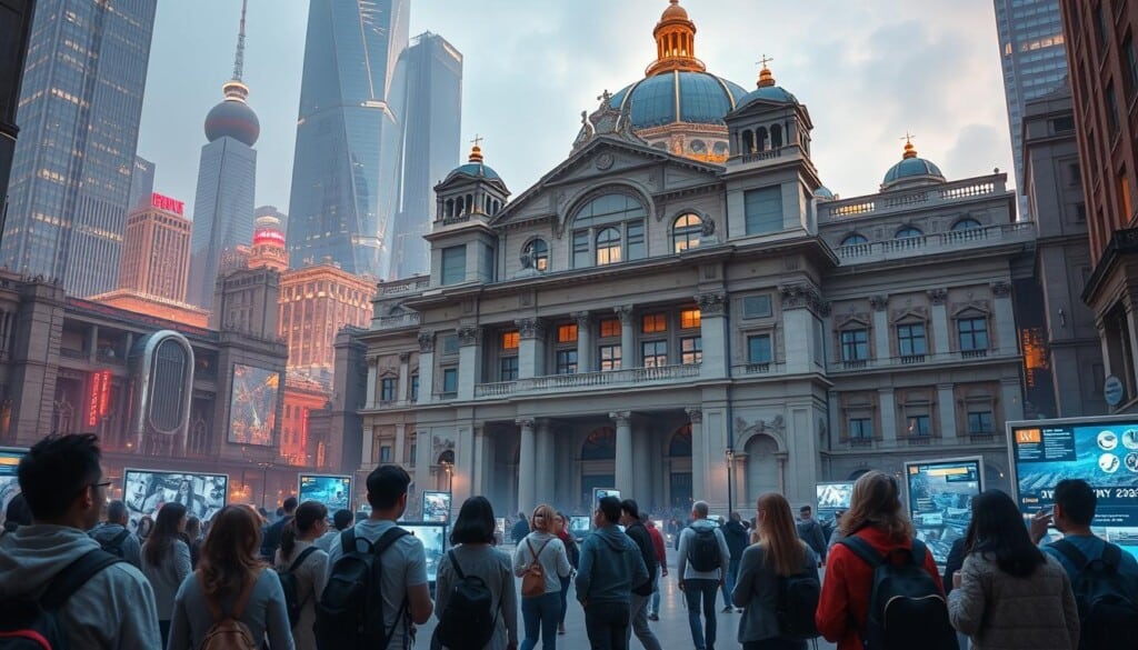 A futuristic metropolis in the backdrop, towering skyscrapers and gleaming tech hubs. In the foreground, a group of visitors captivated by interactive displays and augmented reality experiences showcasing the history and architecture of a grand, historic building. Holographic guides lead the way, unraveling the tales of the past through vivid, immersive storytelling. Soft, diffused lighting casts an alluring glow, creating an atmosphere of wonder and discovery. The scene captures the seamless integration of cutting-edge technology and the preservation of cultural heritage, inviting tourists to explore the future of historical building tourism.
