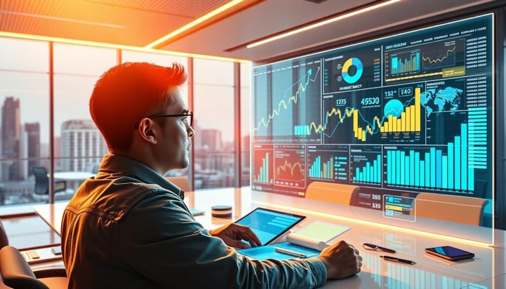 A futuristic office setting with a large holographic display showcasing financial data and analytics. In the foreground, a financial analyst intently studying the visualizations, their face illuminated by the vivid colors. The middle ground features various high-tech investment tools and devices, such as tablets, smart pens, and digital trading platforms. The background depicts a sleek, minimalist office environment with floor-to-ceiling windows overlooking a modern cityscape. Warm, directional lighting creates a sense of focus and professionalism, while the overall atmosphere conveys the power of technology in shaping the future of investing.